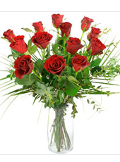 12 Roses in Glass Vase